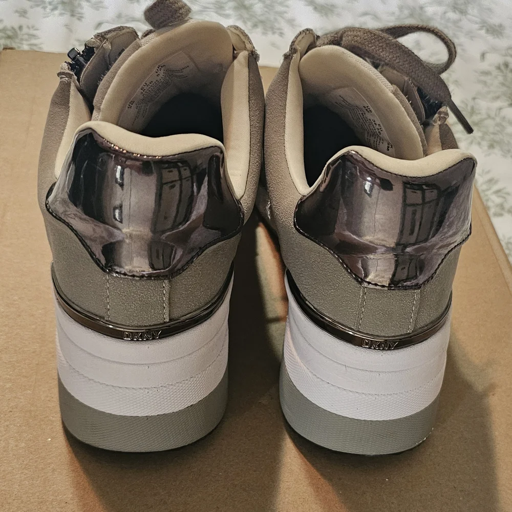 DKNY Taupe and Cream Wedge Sneakers